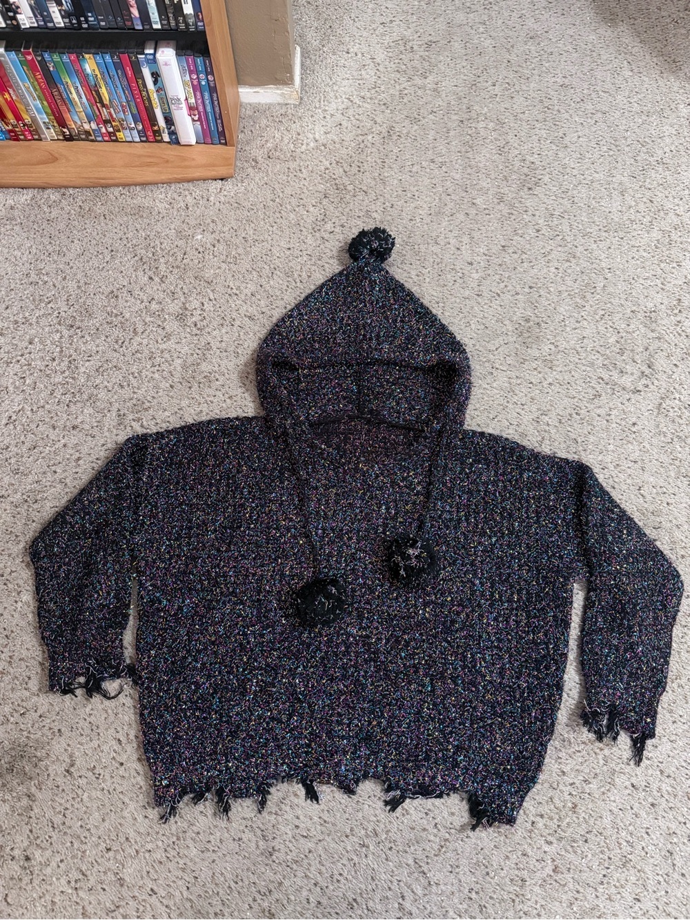 Metallic Shimmer Distressed Cozy Soft Hooded Knit Sweater with Pom-Pom Ties
